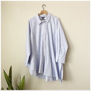 Lane Bryant Asymmetrical Ruffle Hem Blue & White Striped Button Down Shirt Tunic